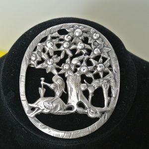 Rare Vintage Sterling Brooch of Couple by Fruit Tree